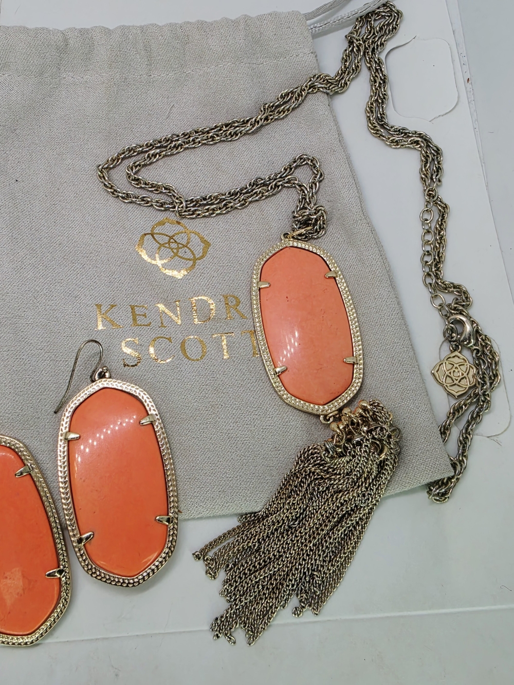 Kendra Scott Rayne Tassel Pendant Necklace & Danielle Earrings Set Coral Stone